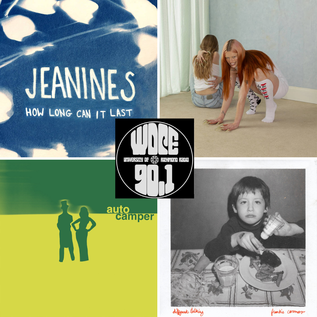 WDCE Collage 8-20-25 Collage with black & white WDCE logo in center featuring covers of top 4 albums this week