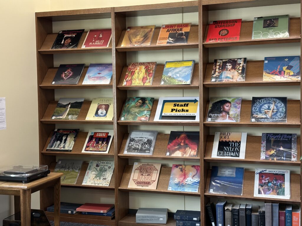 Record display in main reading room with blu-ray record player on the left hand side of the picture!
