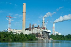 Stacks of smoke released from the Dominion plant.