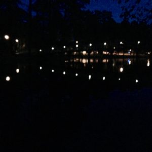 Nighttime at the muddy bank. The lights illuminate the bridge leading to the gazebo. 