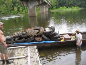 A bateau with tires retrieved from the James River