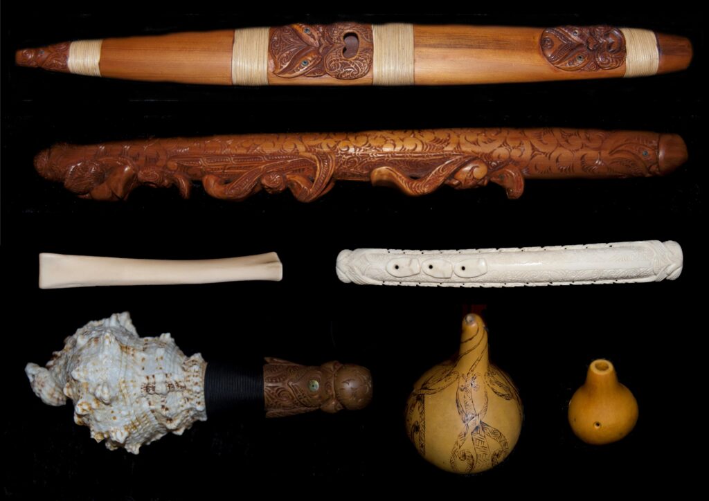 A_selection_of_Taonga_pūoro_from_the_collection_of_Horomona_Horo