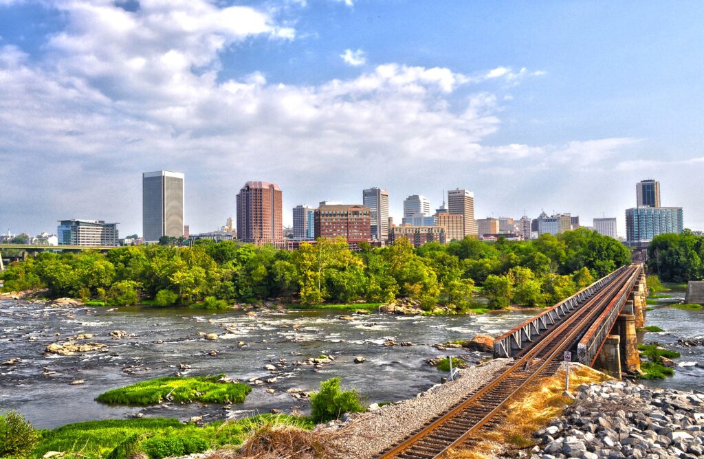 Photo of Richmond, Virginia with James River in foreground