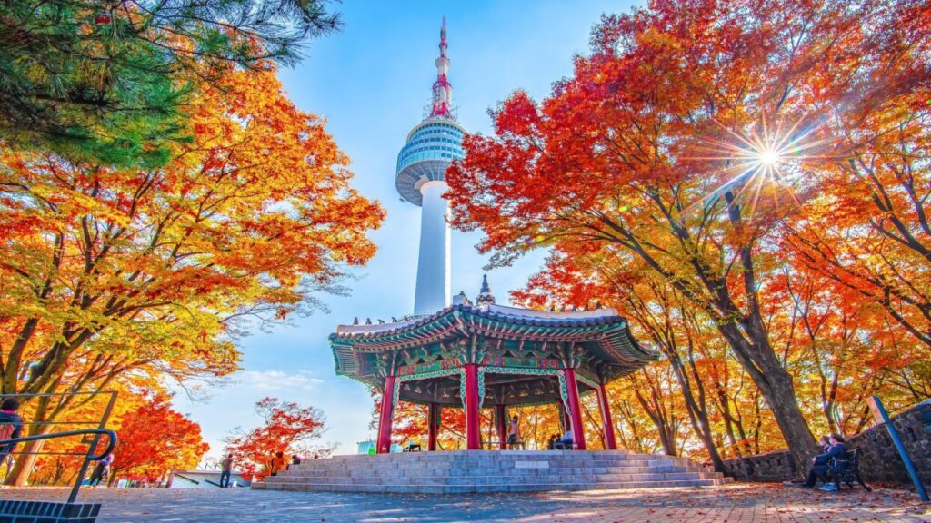 Namsan Tower And Pavilion During The Autumn Leaves In Seoul