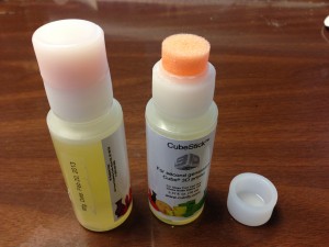 Photo of front and back labels of Cubify's Cubestick used to help first layer of 3D printer print job to stick to the print bed.