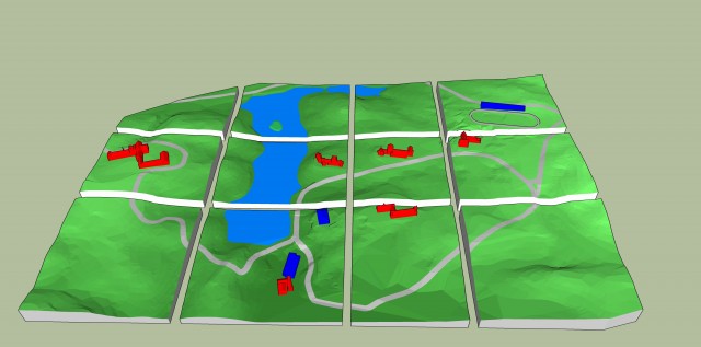 Image from SketchUp software of the 12 tablet pieces that make up the 3D printed campus map of 1914